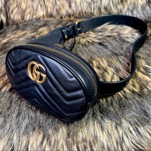 GUCCI Black Quilted Leather GG Marmont Waist Belt Bag